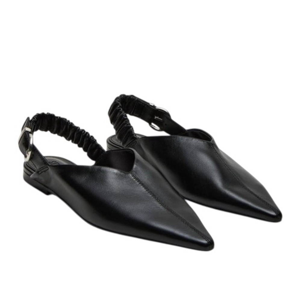 New Zara Pointed Toe Slingback Leather Flat Mules In Black - Size 7.5 UK 38 - Picture 7 of 14